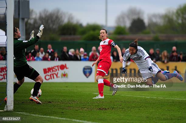 Yuki Ogimi of Chelsea scores her side's first goal during the FA SWL 1 match between Bristol Academy Womens FC and Chelsea Ladies FC at Stoke Gifford...