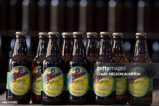 Beer bottles with labels reading "Allez les Bleus" are seen at the artisanal brewery Colorado on April 16, 2014 in Ribeirao Preto, a city 336 km from...