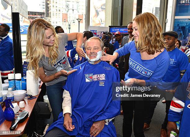 Hannah Ferguson, Rod Gilbert and Jessica Perez attend the "Final Shave" Event To Launch The 2014 Rangers Beard-A-Thon at Rangerstown Hockey House on...