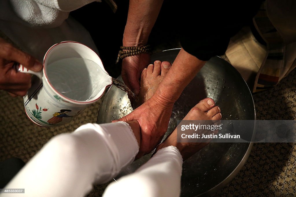 Pelosi And Local Officials Attend Foot Washing Ritual Honoring Work Of Immigrants