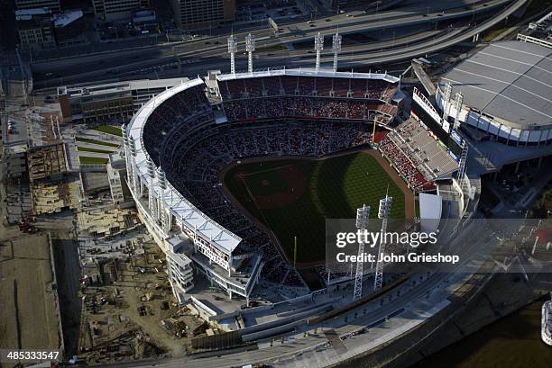 An aerial view of Great American Ball Park during the game between the Houston Astros and the Cincinnati Reds on Thursday, July 17, 2003 in...