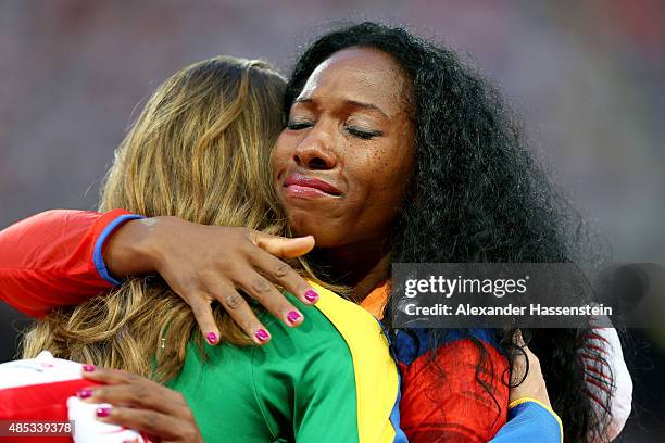 Gold medalist Yarisley Silva of Cuba shows her emotion on the podium during the medal ceremony for the Women's Pole Vault final during day six of the...