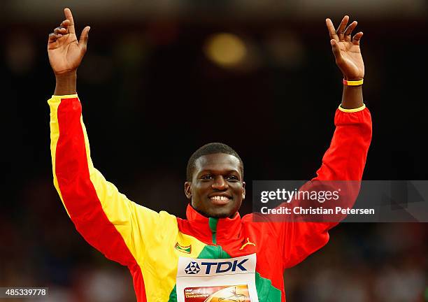 Bronze medalist Kirani James of Grenada poses on the podium during the medal ceremony for the Men's 400 metres final during day six of the 15th IAAF...