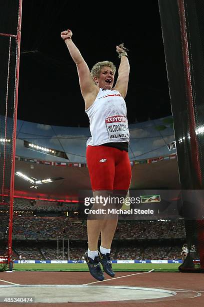 Anita Wlodarczyk of Poland celebrates after competing in the Women's Hammer final during day six of the 15th IAAF World Athletics Championships...