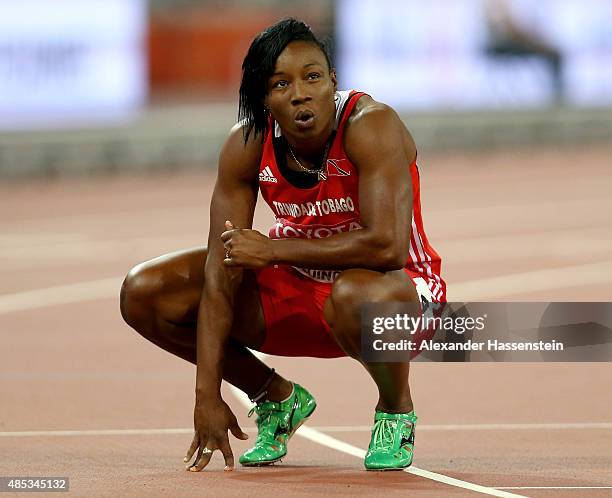 Semoy Hackett of Trinidad and Tobago reacts after competing in the Women's 200 metres semi-final during day six of the 15th IAAF World Athletics...
