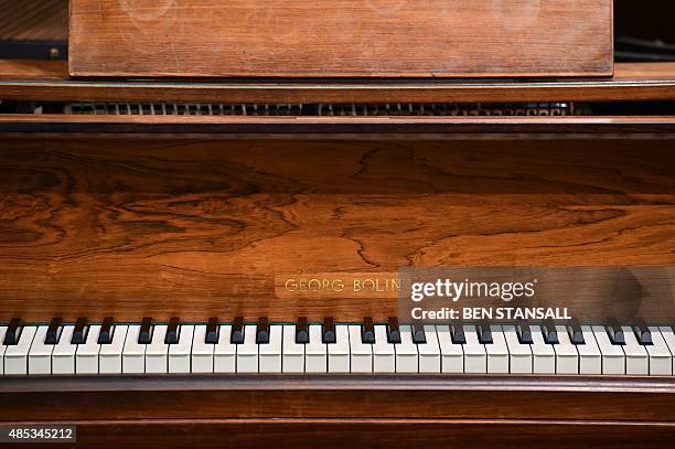 The keys of a "Bolin Grand Piano," made by Swedish designer Georg Bolin, are pictured during a photocall to promote the piano's forthcoming sale, at...