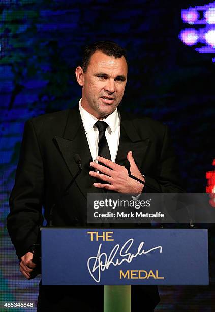 Joe Roff speaks on stage during the John Eales Medal at Royal Randwick Racecourse on August 27, 2015 in Sydney, Australia.