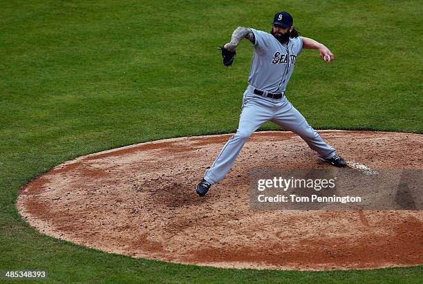 Joe Beimel of the Seattle Mariners pitches in the bottom of the fifth inning against the Texas Rangers at Globe Life Park in Arlington on April 17,...