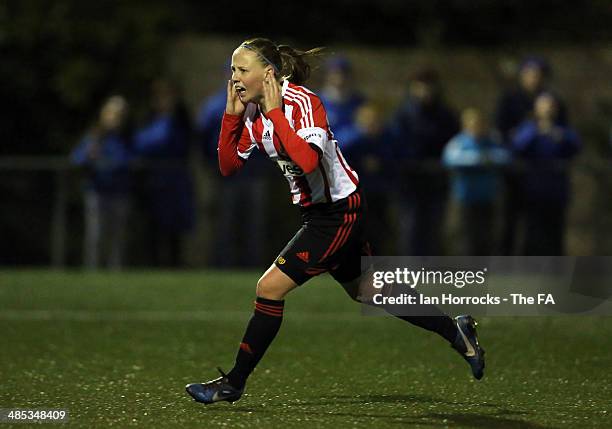 Bethany Mead celebrates after scoring the third Sunderland goal from the penalty spot during the FA WSL2 match between Durham City and Sunderland at...