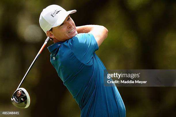 John Mallinger hits a tee shot on the 16th hole during the first round of the RBC Heritage at Harbour Town Golf Links on April 17, 2014 in Hilton...