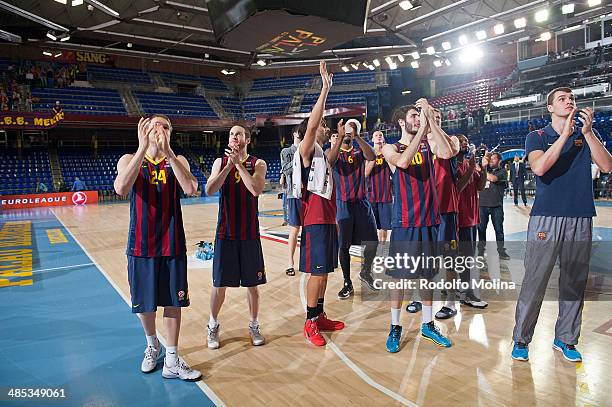 Players of FC Barcelona give thanks to supporters after the Turkish Airlines Euroleague Basketball Play Off Game 2 between FC Barcelona Regal v...