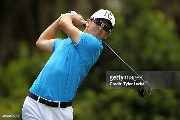 Scott Langley hits a tee shot on the 8th hole during the first round of the RBC Heritage at Harbour Town Golf Links on April 17, 2014 in Hilton Head...