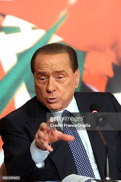 Former Italian Prime Minister Silvio Berlusconi holds a press conference to open the European electoral campaign of his party Forza Italia at the...