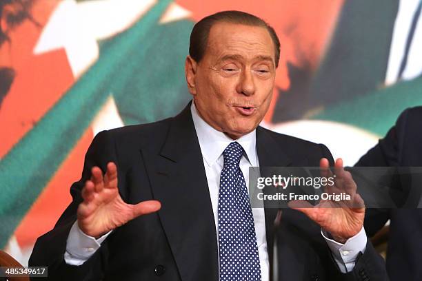 Former Italian Prime Minister Silvio Berlusconi holds a press conference to open the European electoral campaign of his party Forza Italia at the...