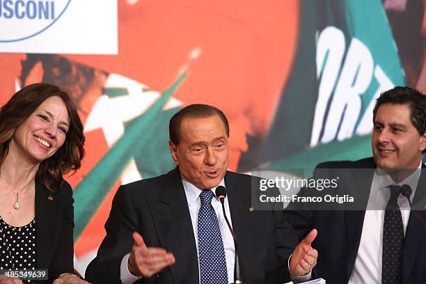 Elisabetta Gardini, Silvio Berlusconi and Giovanni Toti attend a press conference to open the European electoral campaign of Berlusconi's party Forza...