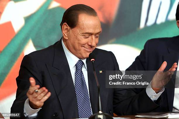 Former Italian Prime Minister Silvio Berlusconi holds a press conference to open the European electoral campaign of his party Forza Italia at the...