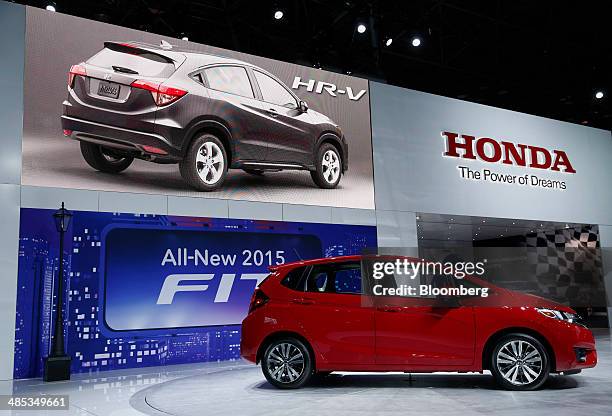 The Honda Motor Co. 2015 Fit hatchback vehicle is displayed during the 2014 New York International Auto Show in New York, U.S., on Thursday, April...