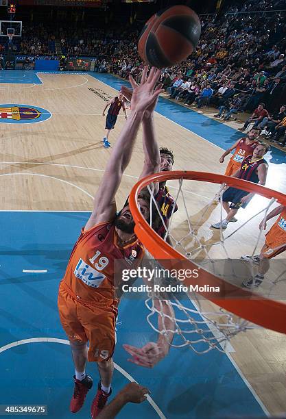 Ante Tomic, #44 of FC Barcelona competes with Furkan Aldemir, #19 of Galatasaray Liv Hospital Istanbul during the Turkish Airlines Euroleague...