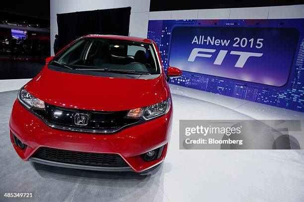 The Honda Motor Co. 2015 Fit hatchback vehicle is displayed during the 2014 New York International Auto Show in New York, U.S., on Thursday, April...