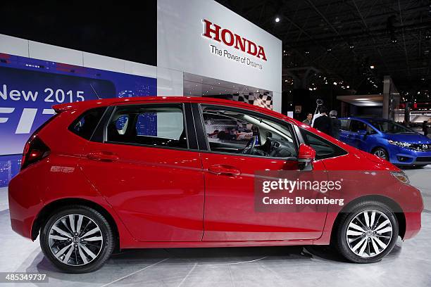 The Honda Motor Co. 2015 Fit hatchback vehicle is displayed during the 2014 New York International Auto Show in New York, U.S., on Thursday, April...