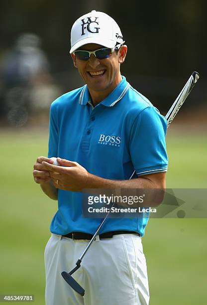 Scott Langley reacts on the 15th green during the first round of the RBC Heritage at Harbour Town Golf Links on April 17, 2014 in Hilton Head Island,...