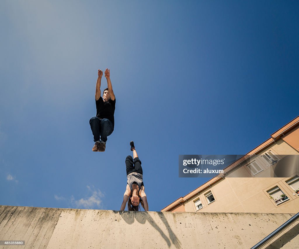 Practicing parkour in the city