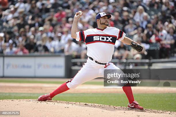 Felipe Paulino of the Chicago White Sox pitches against the Cleveland Indians on April 12, 2014 at U.S. Cellular Field in Chicago, Illinois. The...