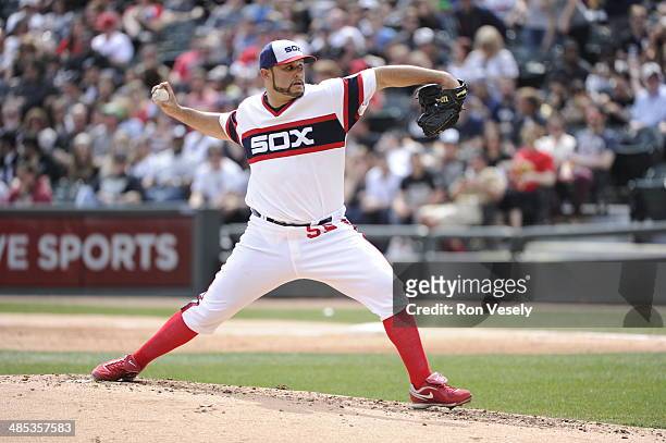 Felipe Paulino of the Chicago White Sox pitches against the Cleveland Indians on April 12, 2014 at U.S. Cellular Field in Chicago, Illinois. The...