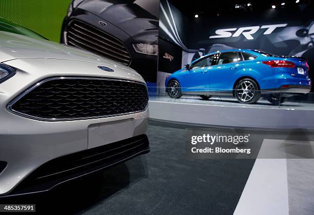 The Ford Motor Co. 2015 Focus vehicles are displayed during the 2014 New York International Auto Show in New York, U.S., on Thursday, April 17, 2014....