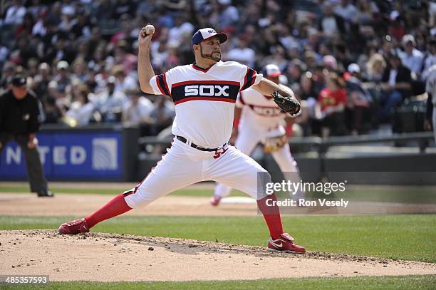 Felipe Paulino of the Chicago White Sox pitches against the Cleveland Indians on April 12, 2014 at U.S. Cellular Field in Chicago, Illinois. The...