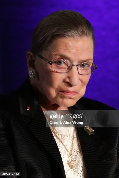 Supreme Court Justice Ruth Bader Ginsburg waits for the beginning of the taping of "The Kalb Report" April 17, 2014 at the National Press Club in...