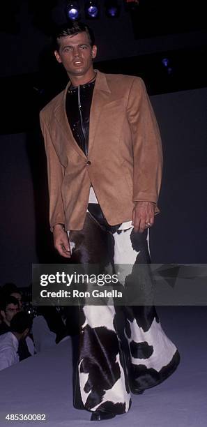 Jeff Stryker attends T. Mugler AIDS Project Fashion Show on April 23, 1992 at the Century Plaza Hotel in Century City, California.