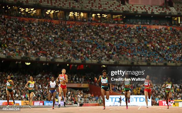 Allyson Felix of the United States crosses the line to win gold ahead of Shaunae Miller of the Bahamas and Shericka Jackson of Jamaica in the Women's...