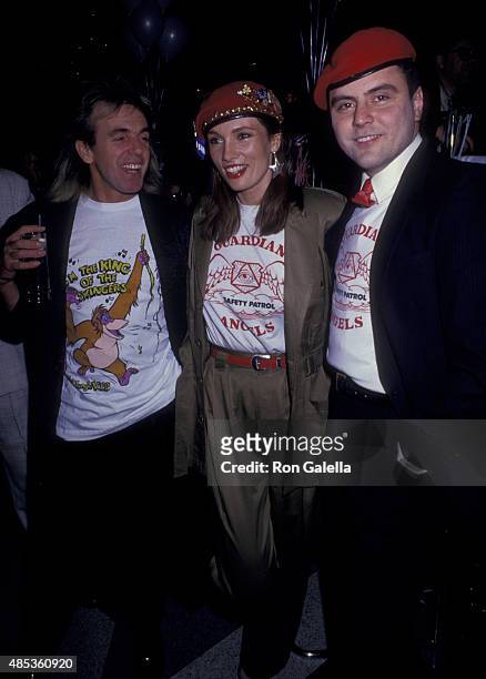 Peter Stringfellow, Lisa Evers and Curtis Sliwa attend First Anniversary Party for Stringfellows on March 25, 1987 at Stringfellows in New York City.