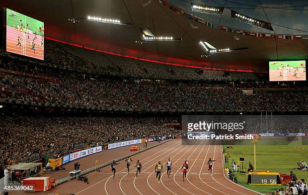 General view as Usain Bolt of Jamaica wins gold in the Men's 200 metres final during day six of the 15th IAAF World Athletics Championships Beijing...