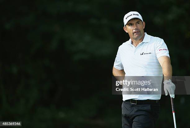 Padraig Harrington of Ireland waits on the fifth hole during the first round of The Barclays at Plainfield Country Club on August 27, 2015 in Edison,...