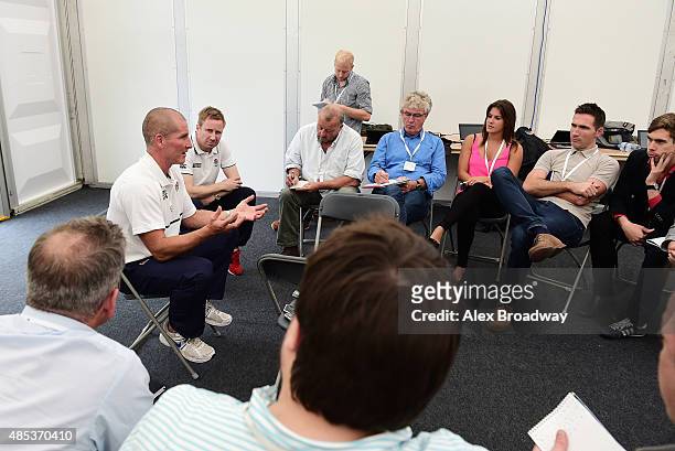 Stuart Lancaster, the England head coach speaks to the media during the England media session held at Pennyhill Park on August 27, 2015 in Bagshot,...