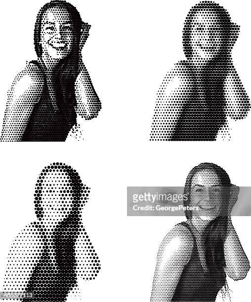 illustrazioni stock, clip art, cartoni animati e icone di tendenza di halftone incisione di una donna fiducioso felice auto - ritratto