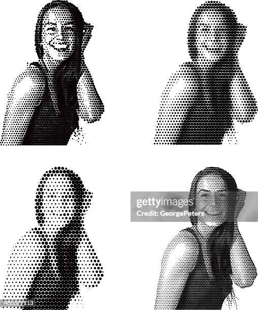 bildbanksillustrationer, clip art samt tecknat material och ikoner med halftone engraving of a happy self confident woman - glamour model