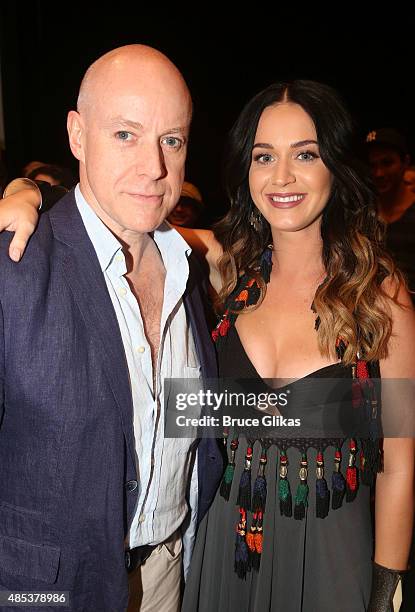 Anthony Warlow and Katy Perry pose backstage at the hit musical "Finding Neverland" on Broadway at The Lunt-Fontanne Theater on August 26, 2015 in...