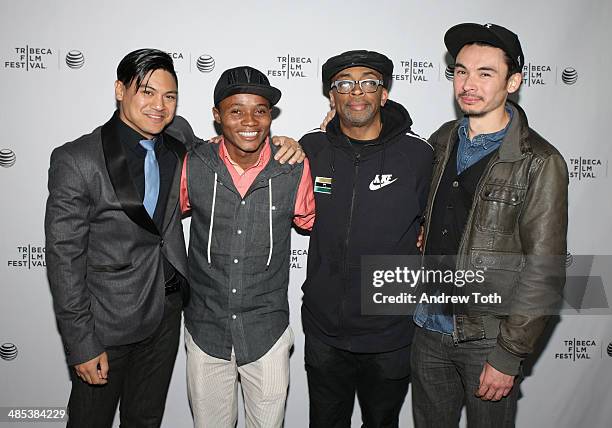 Co-writer and director of photography Alan Blanco, Cristian James Abvincula, Spike Lee and Josef Wladyka attend the "Manos Sucias" Premiere during...