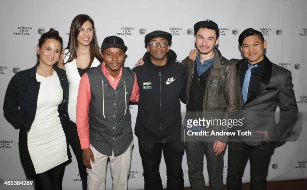 Producer Elena Greenlee, Marcia Nunes, Cristian James Abvincula, Spike Lee, Josef Wladyka and Alan Blanco attend the "Manos Sucias" Premiere during...