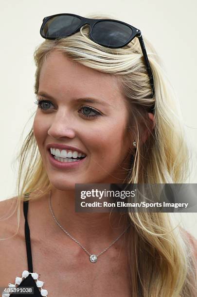 Lauren Tannehill, wife of quarterback Ryan Tannehill, watches practice at Nova Southeastern University on August 9, 2015 in Davie, Florida.