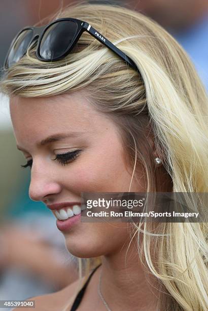 Lauren Tannehill, wife of quarterback Ryan Tannehill, watches practice at Nova Southeastern University on August 9, 2015 in Davie, Florida.