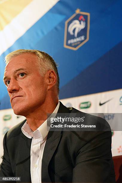 French football team coach Didier Deschamps gives a press conference to announce the names of the players selected for the friendly football match...
