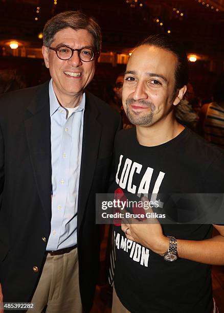 Secretary of Treasury Jack Lew and Lin-Manuel Miranda pose backstage at the hit musical "Hamilton" on Broadway at The Richard Rogers Theater on...