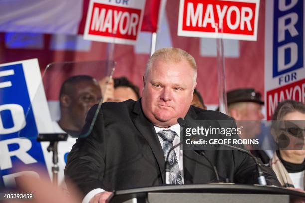 Toronto Mayor Rob Ford speaks during the kick off of his re-election campaign at a rally in the city's north end April 17, 2014. Ford, who made...