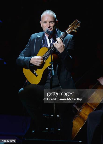 Sting performs during the 25th Anniversary Rainforest Fund Benefit Concert at Carnegie Hall on April 17, 2014 in New York City.