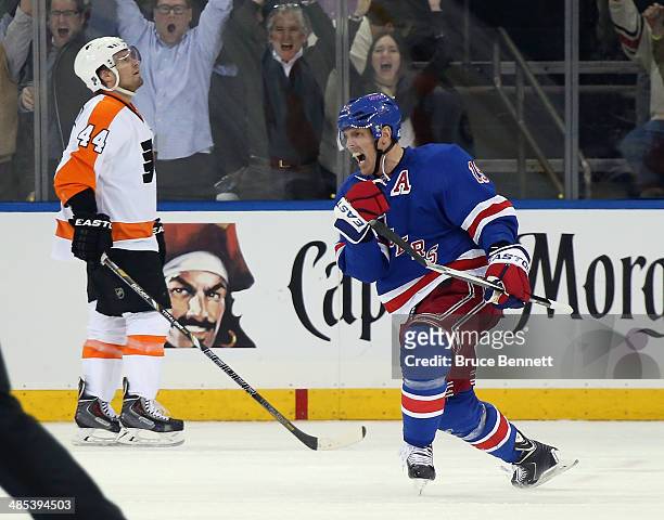 Brad Richards of the New York Rangers celebrates his game winning goal in the third period against the Philadelphia Flyers in Game One of the First...