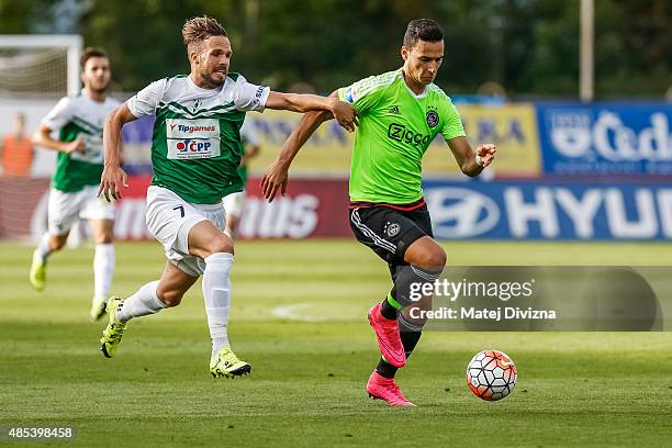 Filip Novak of FK Jablonec battles for the ball with El Ghazi Anwar of Ajax Amsterdam during the UEFA Europa League Play Off Round 2nd Leg match...
